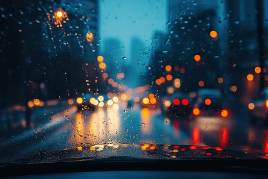 Wet windshield of a car in the evening in the city during rain.