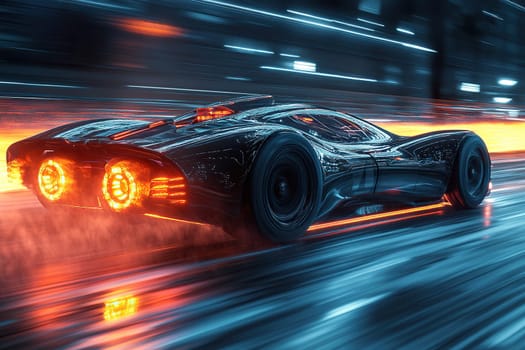 A racing car with flames of fire bursting out from under its wheels on a city street. The concept of speed.