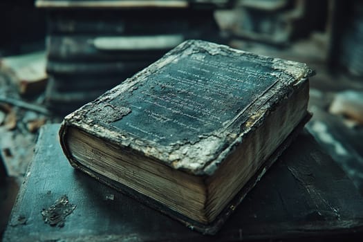 An old book in a worn leather binding. A magic book on a wooden tabletop.