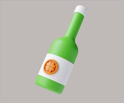 A playful 3D render of a green bottle adorned with an orange clover emblem, perfect for St. Patrick's Day celebrations.