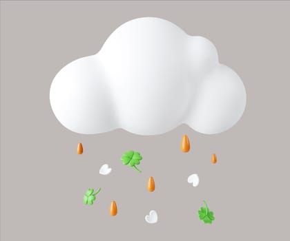 A playful 3D render illustration featuring a whimsical cloud with colorful droplets and hearts, ideal for Spring-themed designs and festive projects.