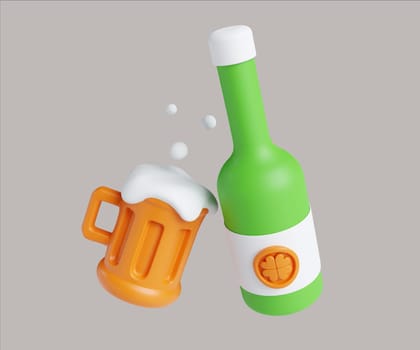 A fun 3D render featuring an orange beer mug and a green bottle with a shamrock, ideal for St. Patrick's Day festivities.