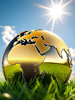 golden globe green grass blue sky ecology climate nature sun light landscape earth planet generated ai alt illustration background image wallpaper . High quality 3d illustration