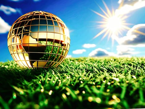 golden globe green grass blue sky ecology climate nature sun light landscape earth planet generated ai alt illustration background image wallpaper . High quality 3d illustration