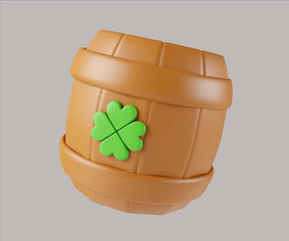 A delightful 3D render of a wooden barrel featuring a green clover, ideal for St. Patrick's Day decorations and themes.