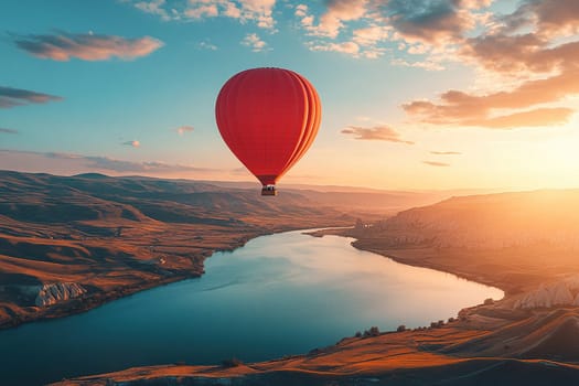 Hot air balloon with a basket for passengers in a clear sky over a valley hill and river at sunset.