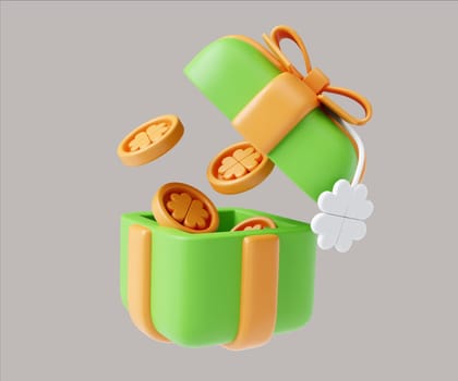 A vibrant 3D gift box with coins featuring clover designs, ideal for St. Patrick's Day promotions and celebrations.
