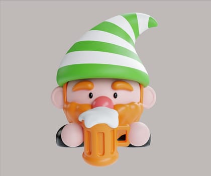 A jolly 3D gnome character with a striped green hat and beer mug, ideal for celebrating St. Patrick's Day festivities.