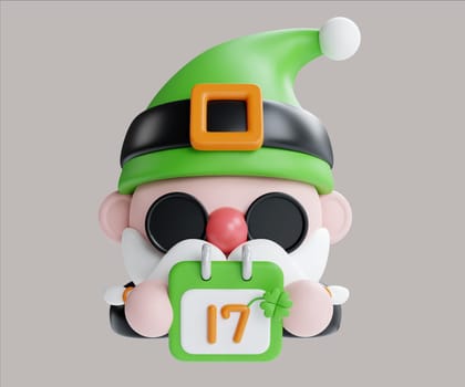 A charming 3D leprechaun character with glasses and a calendar showing March 17, perfect for St. Patrick's Day celebrations.