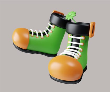A cheerful 3D render illustration of festive green boots with clover accents, ideal for St. Patrick's Day celebrations and joyful themed designs.