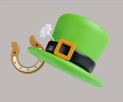 A playful 3D render of a green leprechaun hat adorned with a white flower and a lucky horseshoe, perfect for St. Patrick's Day celebrations.