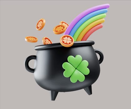 A whimsical 3D render of a black cauldron overflowing with a colorful rainbow and lucky coins, perfect for St. Patrick's Day.
