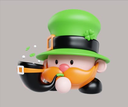 A delightful 3D leprechaun character with a playful expression, pipe, and clover details, ideal for festive St. Patrick's Day designs.