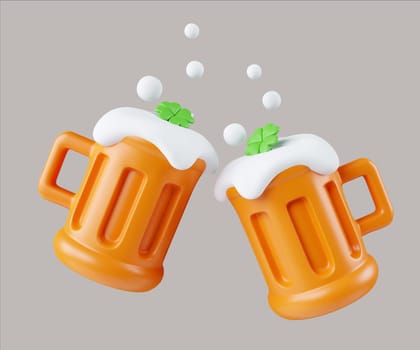 A fun 3D render illustration of two mugs of beer featuring clover accents, ideal for St. Patrick's Day gatherings and festive events.