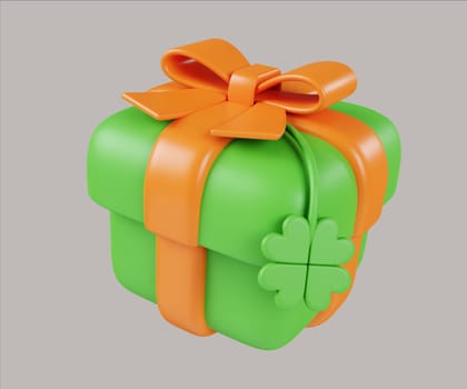 A delightful 3D render illustration of a gift box adorned with a four-leaf clover, ideal for St. Patrick's Day celebrations and festive gifting.