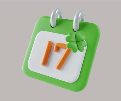 A colorful 3D render illustration of a calendar page marked with March 17th and a clover, perfect for St. Patrick's Day festivities and reminders.