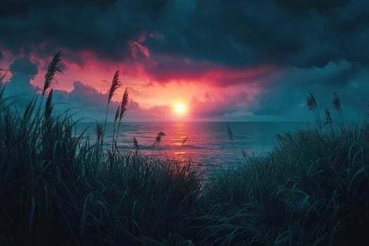 Pink sunset or sunrise over pond or lake in spring or early summer evening or morning with cloudy sky background and reeds. Spring landscape.