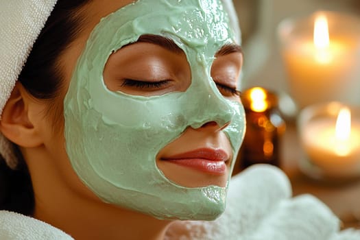 A woman enjoys a revitalizing green facial mask while surrounded by calming candles, enhancing her relaxation experience and self-care routine.