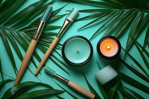 Beauty tools like brushes and candles rest on green palm leaves against a bright aqua background, creating a serene and inviting atmosphere.
