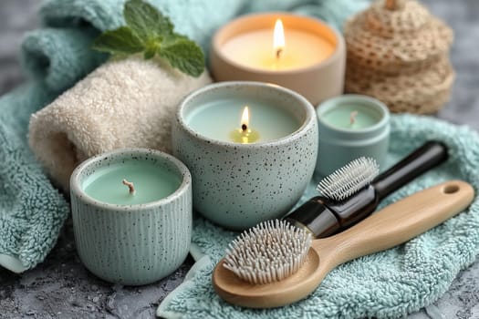 Soft towels surround a tranquil arrangement of candles and grooming tools, creating a peaceful spa atmosphere perfect for relaxation.
