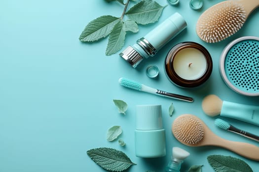 Beauty products and natural elements are arranged aesthetically, creating a calming spa environment with soothing colors and textures.