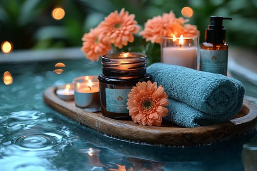 A tranquil spa arrangement features candles, flowers, and towels arranged by a shimmering water surface at dusk, creating a serene atmosphere.