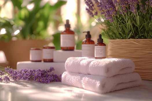 Soft towels are neatly arranged next to essential oil bottles and lavender, creating a peaceful spa atmosphere in a serene environment.