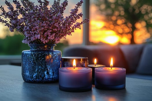 Soft candlelight illuminates a decorative vase with flowers as the sun sets outside a welcoming living room.