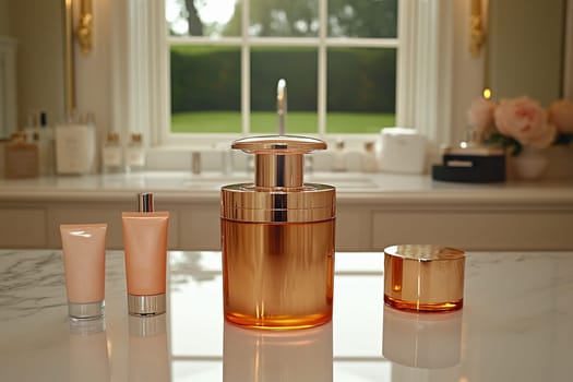 Three skincare items are neatly arranged on a marble surface, illuminated by natural light from the nearby window.