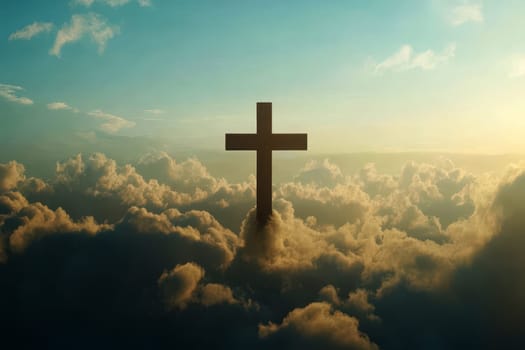 holy sunlight shining on the Christ wooden cross symbol with religious clouds on blue sky background..