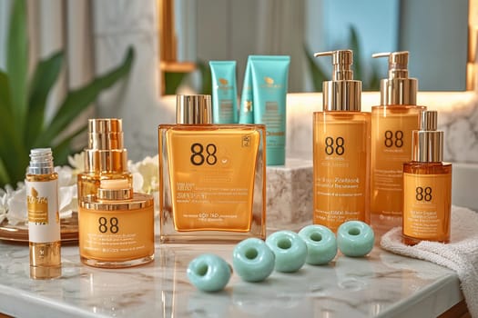 A variety of skincare products in elegant packaging are arranged on a marble countertop, complemented by decorative items and plants.