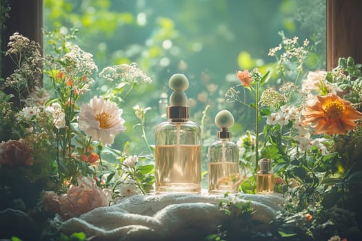 Three beautifully shaped glass perfume bottles rest among vibrant flowers, illuminated by gentle sunlight in a tranquil setting.