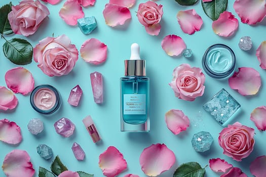Bright blue serum bottle stands out among pink roses, rose petals, and colorful gemstones on a soft pastel surface at an elegant layout.