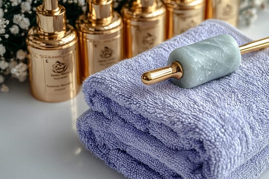 A jade roller rests on a plush towel beside elegant serum bottles, creating an inviting skincare moment focused on relaxation and beauty.