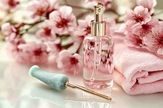 Delicate beauty serum and jade roller placed beside soft towels and cherry blossoms creating a serene atmosphere for self-care.