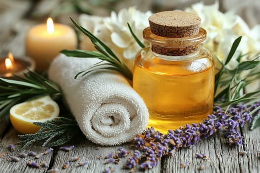 A calming arrangement featuring a glass bottle of essential oil, lavender, a rolled towel, and candles on a rustic wooden table.