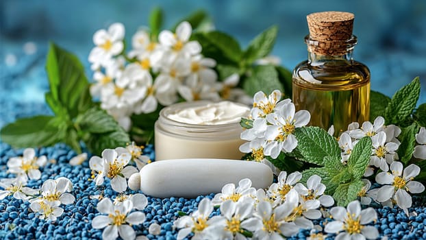 A serene arrangement showcases beauty products with flowers, oil, and cream on a vibrant blue background, emphasizing nature's touch in skincare.