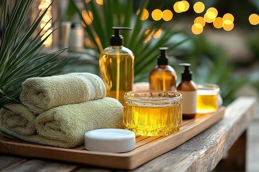 A tranquil spa arrangement features neatly rolled towels and various bottles of essential oils surrounded by soft lighting.