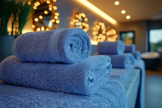 Soft blue towels are arranged neatly in a calming spa environment, highlighted by warm, inviting lights.