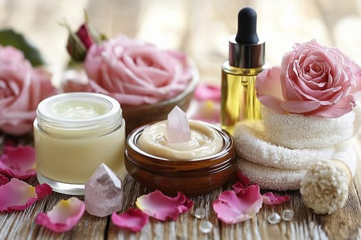 Natural skin care products are displayed alongside fresh pink roses and quartz crystals on a rustic wooden surface.