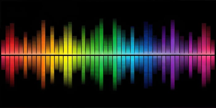 A digital audio equalizer featuring vibrant colors and sound waves. The image showcases a visually stunning and dynamic audio representation with multicolored gradients.