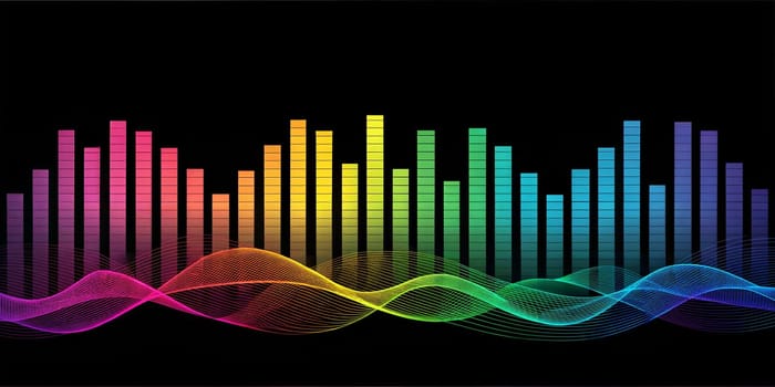A dynamic audio visualization featuring colorful vertical bars and flowing waveforms, creating a visually captivating spectrum of sound and energy.