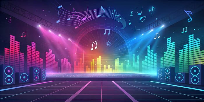 A vibrant abstract illustration of a music equalizer with colorful sound waves, speakers, and musical notes in a dynamic stage or concert setting, featuring neon colors and lights.