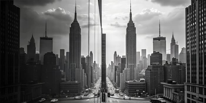 A black and white photo of skyscrapers and buildings in a city, reflected in a puddle on the street, showcasing modern architecture and urban life.