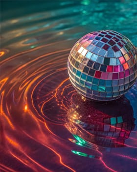 A close-up of a glittering disco ball on water with multicolored reflections. The vivid colors create a dynamic, energetic atmosphere, perfect for nightlife, parties, or music events.