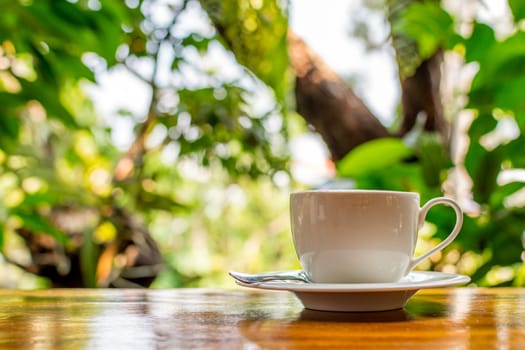 Coffee in white cup on wood table in coffee shop
