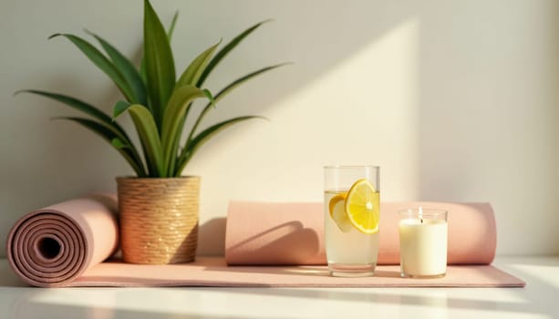 A glass of lemonade is placed on a pink mat next to a candle and a potted plant. The scene is set in a cozy and relaxing atmosphere, perfect for unwinding after a long day