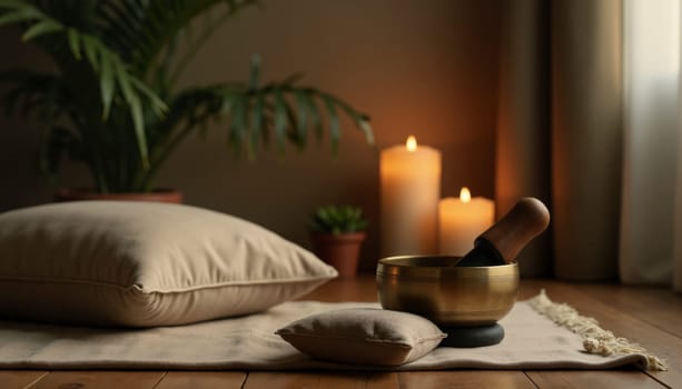 A small gold bowl with a candle in front of it sits on a pillow. The candle is lit, creating a warm and cozy atmosphere. The room is decorated with plants and a vase, adding to the peaceful