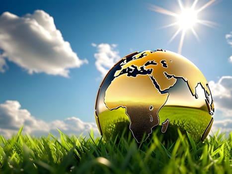 golden globe green grass blue sky ecology climate nature sun light landscape earth planet generated ai alt illustration background image wallpaper . High quality 3d illustration