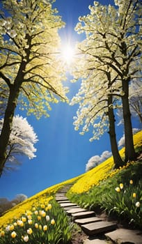 spring, white yellow flowers flowering trees nature park forest plants flora sun lights alt generate ai. High quality illustration blue sky landscape background vertical format poster image